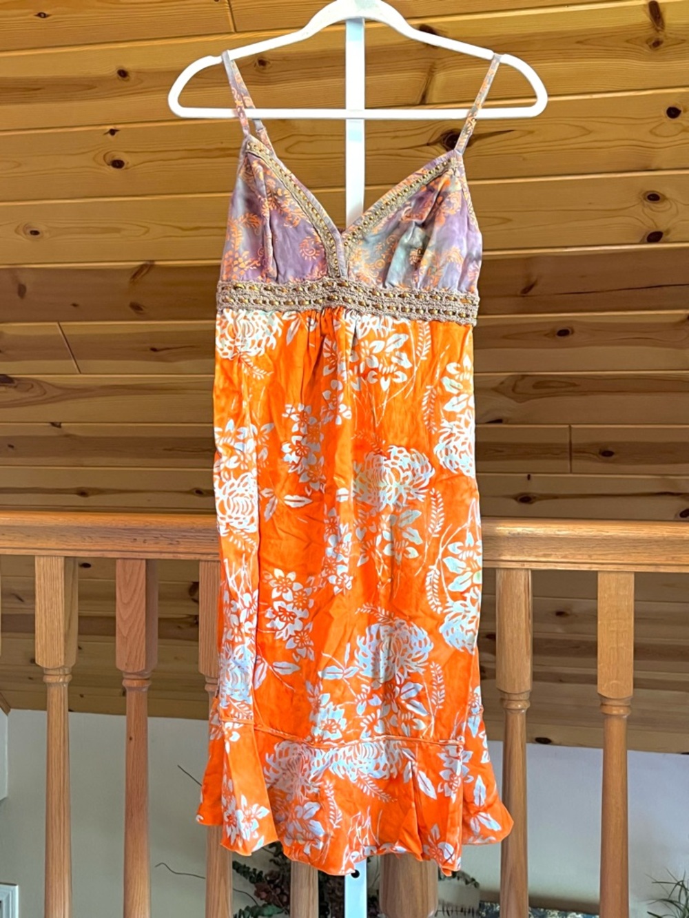 Santiki Batik Tropical Orange Floral Midi Dress w/ Purple Crochet Bodice Sz S/M